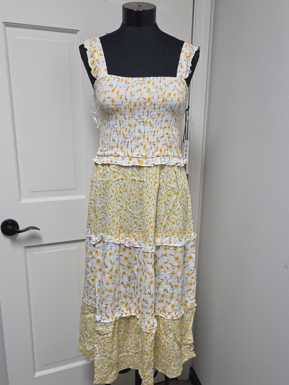 Smocked White and Yellow Floral Tiered Midi Dress